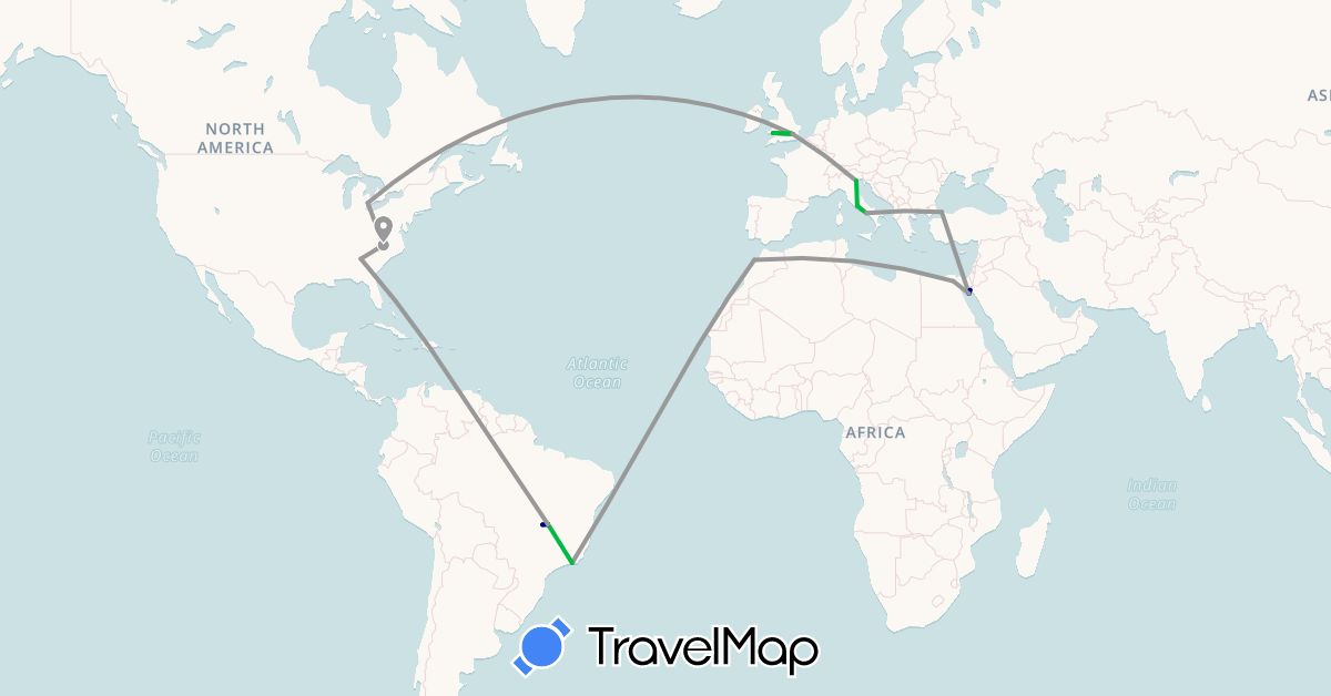 TravelMap itinerary: driving, bus, plane in Brazil, Egypt, United Kingdom, Italy, Morocco, Turkey, United States (Africa, Asia, Europe, North America, South America)
